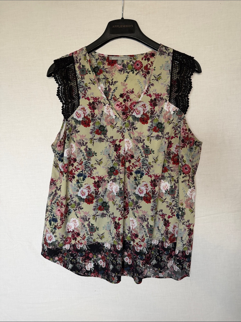 Daniel Rainn Olive Floral V-Neck Camisole with Black Lace Trim